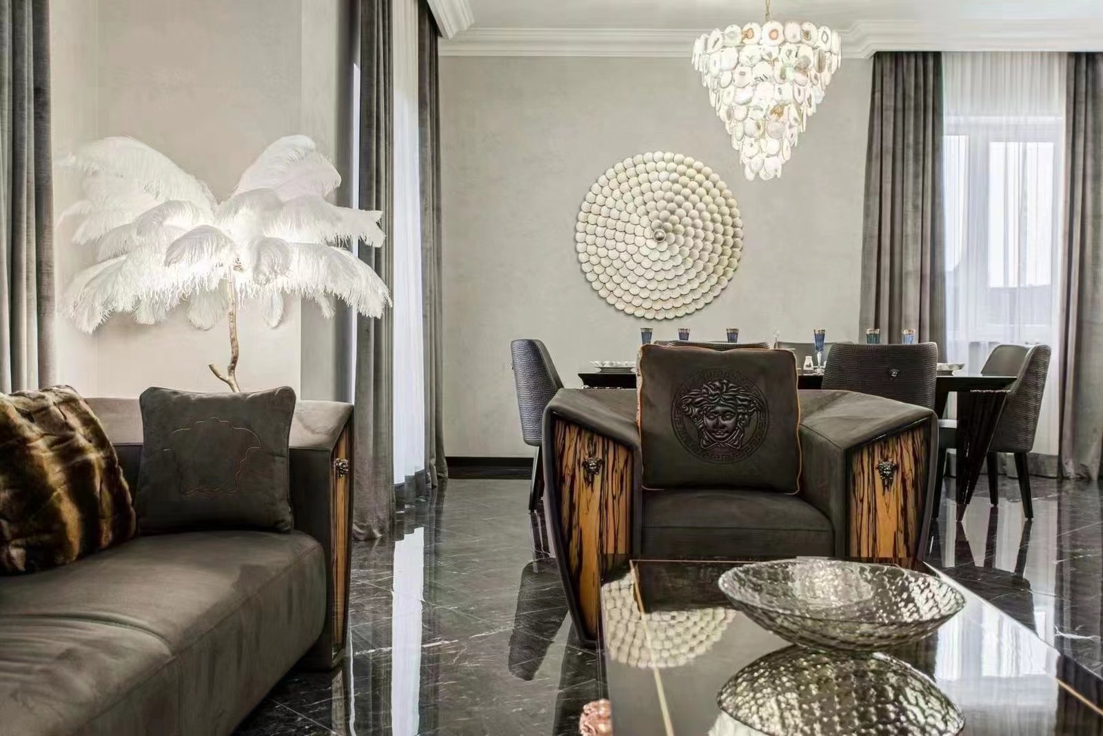 #HF1002 Versace Living Room Sofa Set with Top Grain Cow Leather or Nubuck Fabric Made in Foshan - Image 9